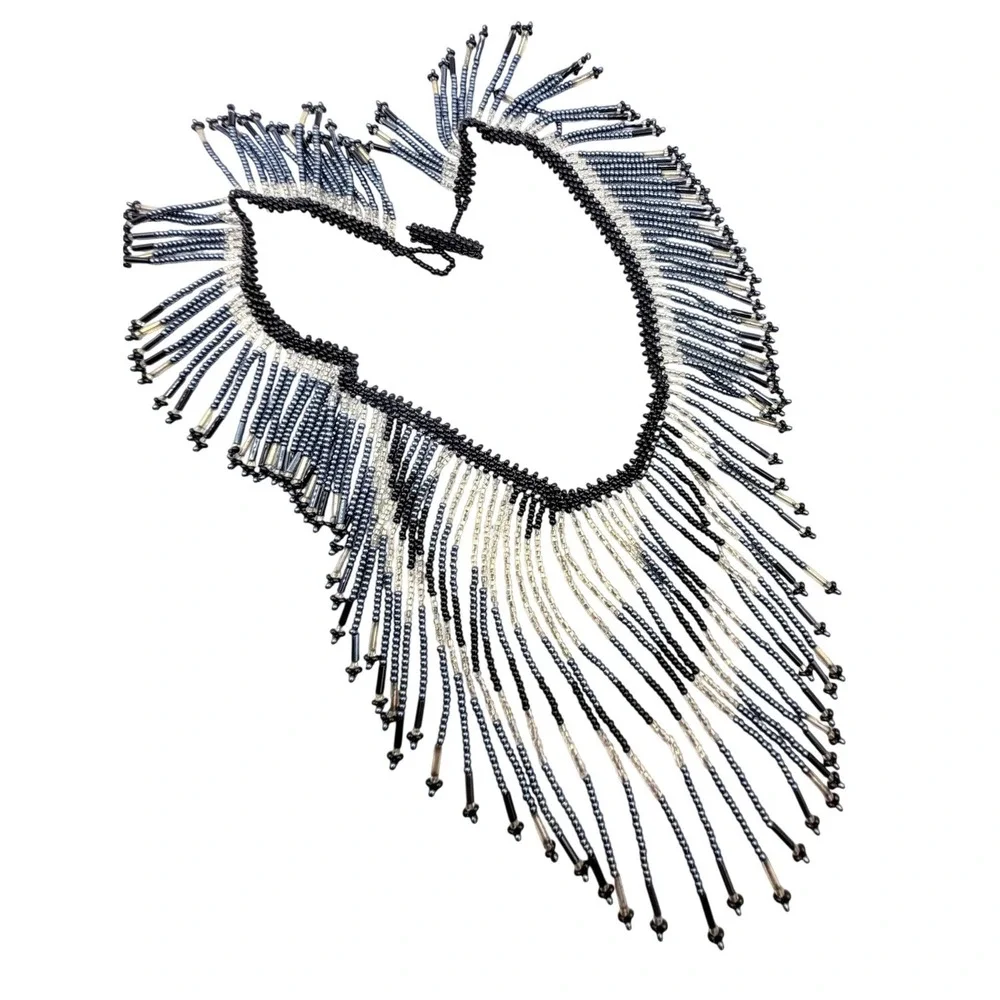 Black Blue Glass Beaded Fringe Bib Statement Necklace 19 Inch Toggle
